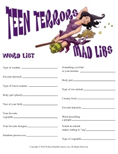 Teen Terrors Halloween Mad Libs game