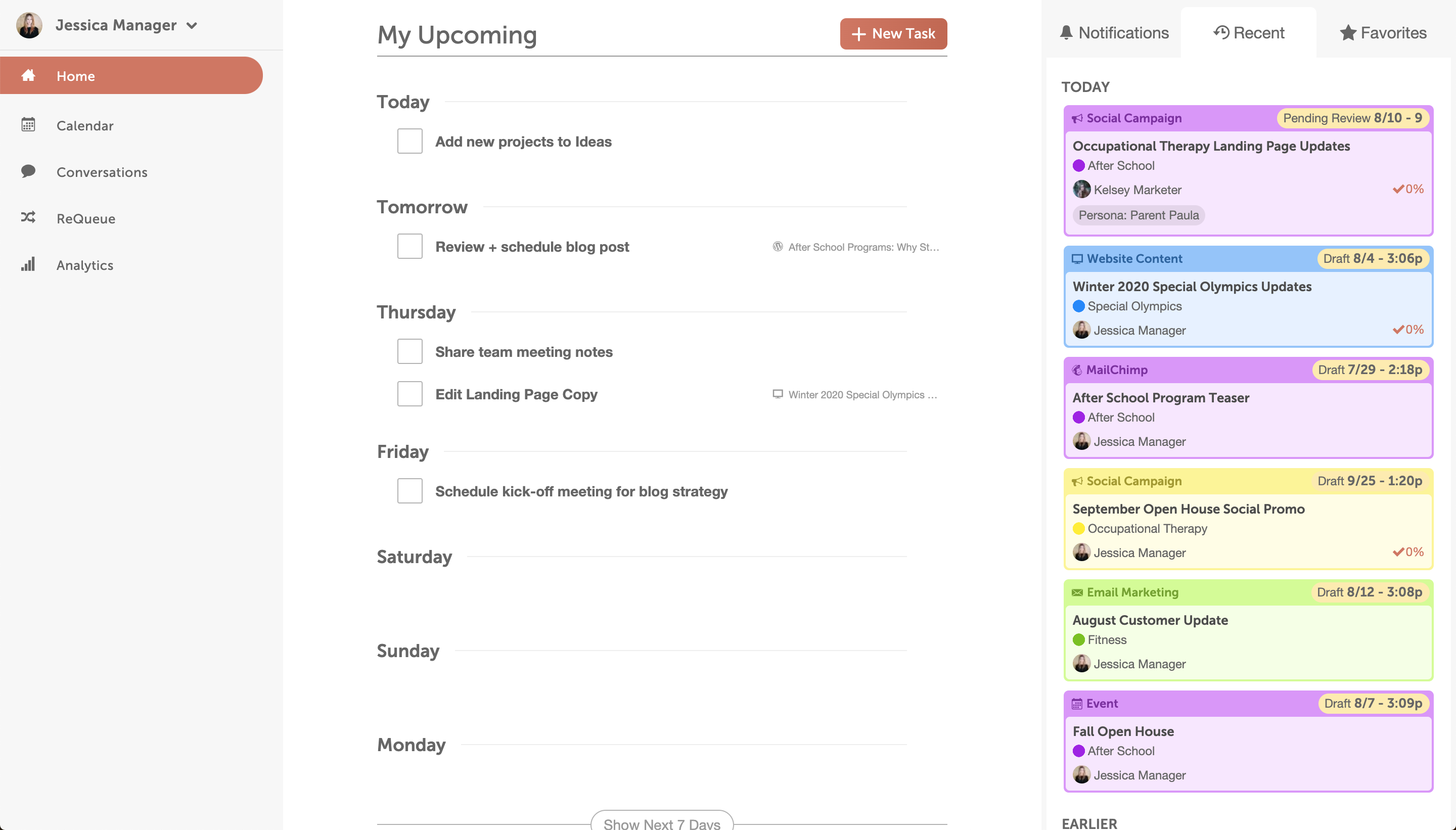 Home Dashboard in CoSchedule Marketing Calendar