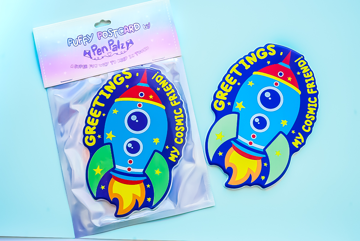 3-2-1 blast off!!  This super cute spaceship is the perfect way to show your friends just how out-of-this-world they really are!  Also available in box sets of 3.  Send with love and make it puffy!