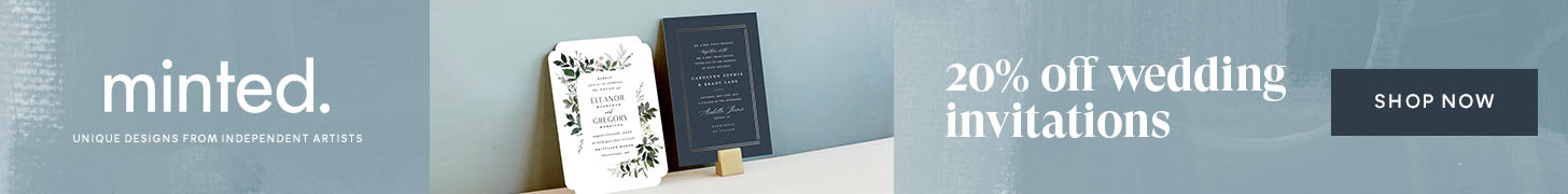 20% off custom made artist-created wedding invitations with Minted.