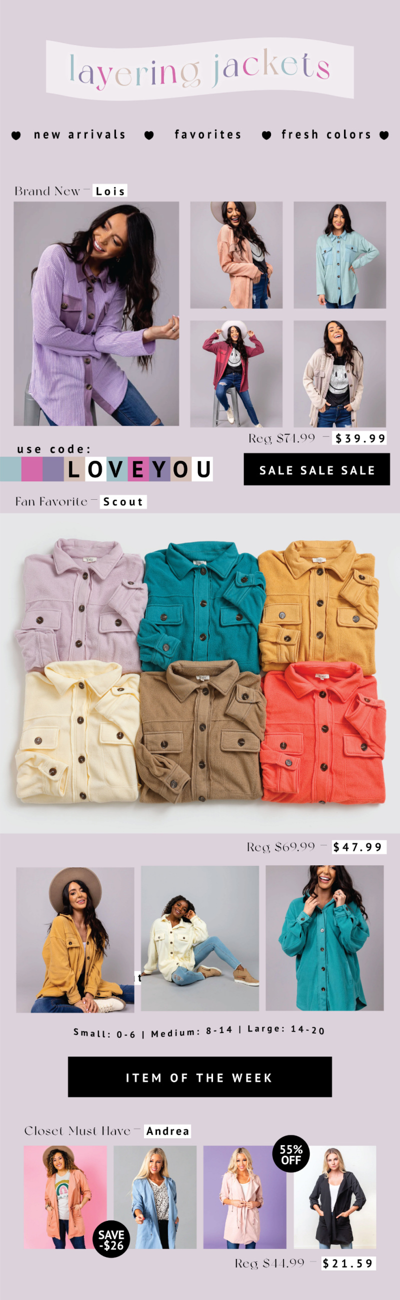 Cents of Style - WEEKLY DEAL- LIVE – 2/14/22 – Layering Jackets EXTRA 20% OFF (starting At $16) w/code: LOVEYOU