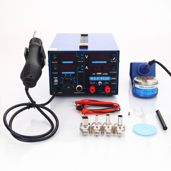 $34 OFF for 3 in1 853D 110V SMD Rework Soldering Station Hot Air Gun + DC Power Supply 15V 2A $34 OFF for 3 in1 853D 110V SMD Rework Soldering Station Hot Air Gun + DC Power Supply 15V 2A