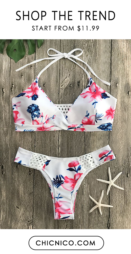 Womens Push Up Cross Padded Bikini Set Floral Stretchable Halter Swimsuit