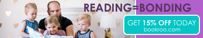 Reading = Bonding, get 15% off today at bookroo.com. Picture with a dad reading to his kids.