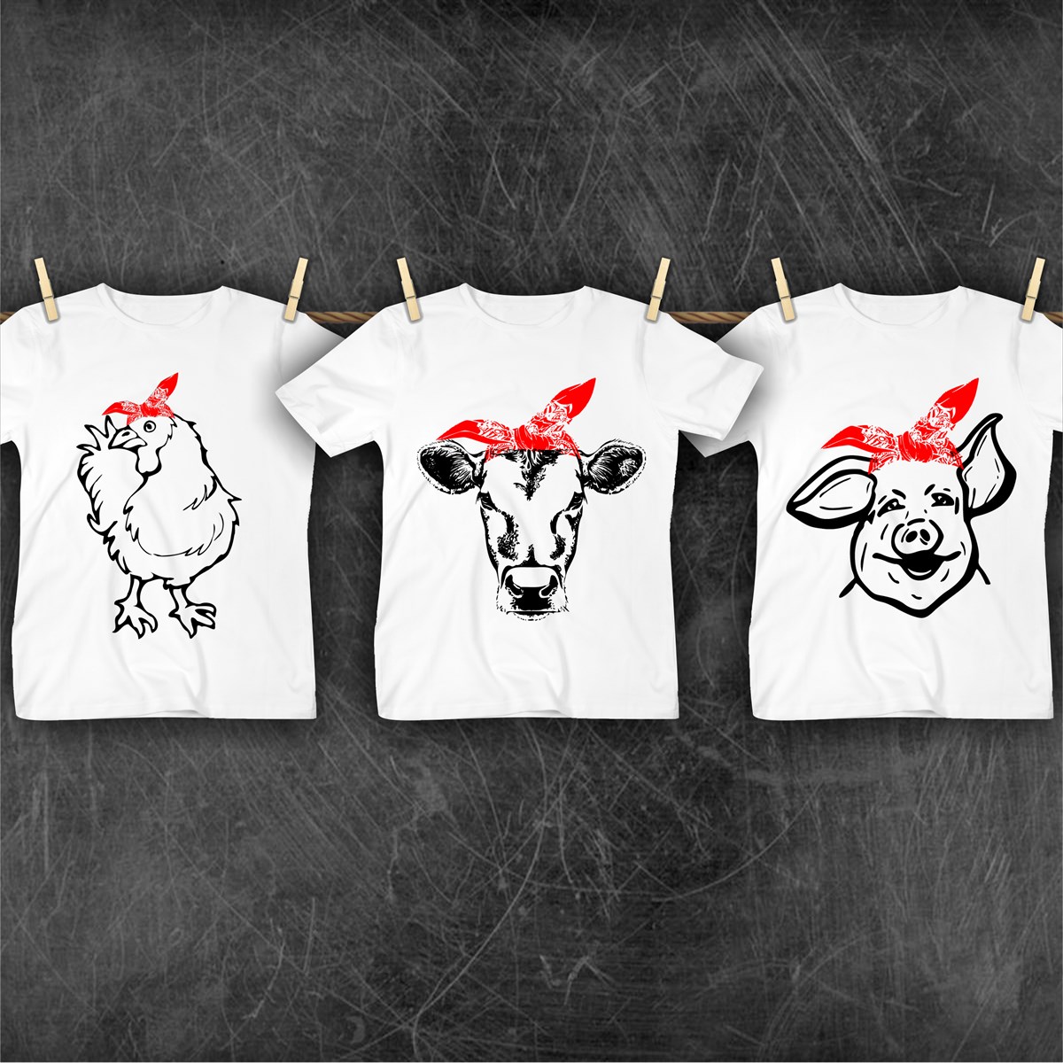 Bunny, chicken, pig, goat, llama, donkey, sheep, cow, or horse in a red bandanna t-shirt