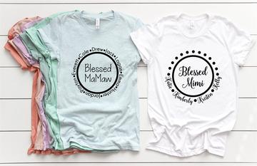 Blessed Mom custom t-shirts with childrens names in a circle