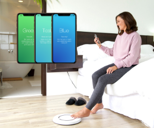 woman on bed with Shapa numberless scale and color reveal screens in app