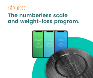 Shapa numberless scale, black, color reveal screens in app and weight loss program tagline