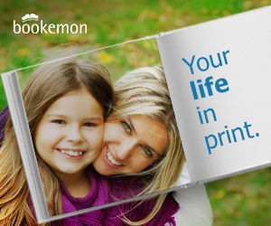 Bookeman LifeinPrint Banner ad shows a woman with silver hair and a young girl smiling A rectangle on a 46 degree angle is showing their smiling faces cropped from the backdrop to make a better engaging picture. Text reads Bookeman Your Life in Print their smiling