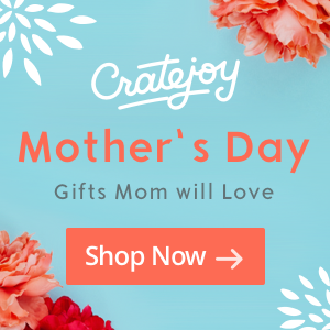 Text - Cratejoy Mother\'s Day Gifts Moms Will Love. Button with text - Shop Now . On blue background with orange and red flowers